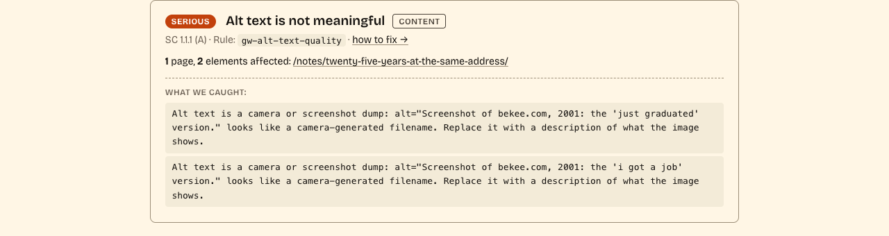 Screenshot of an accessibility audit finding card.