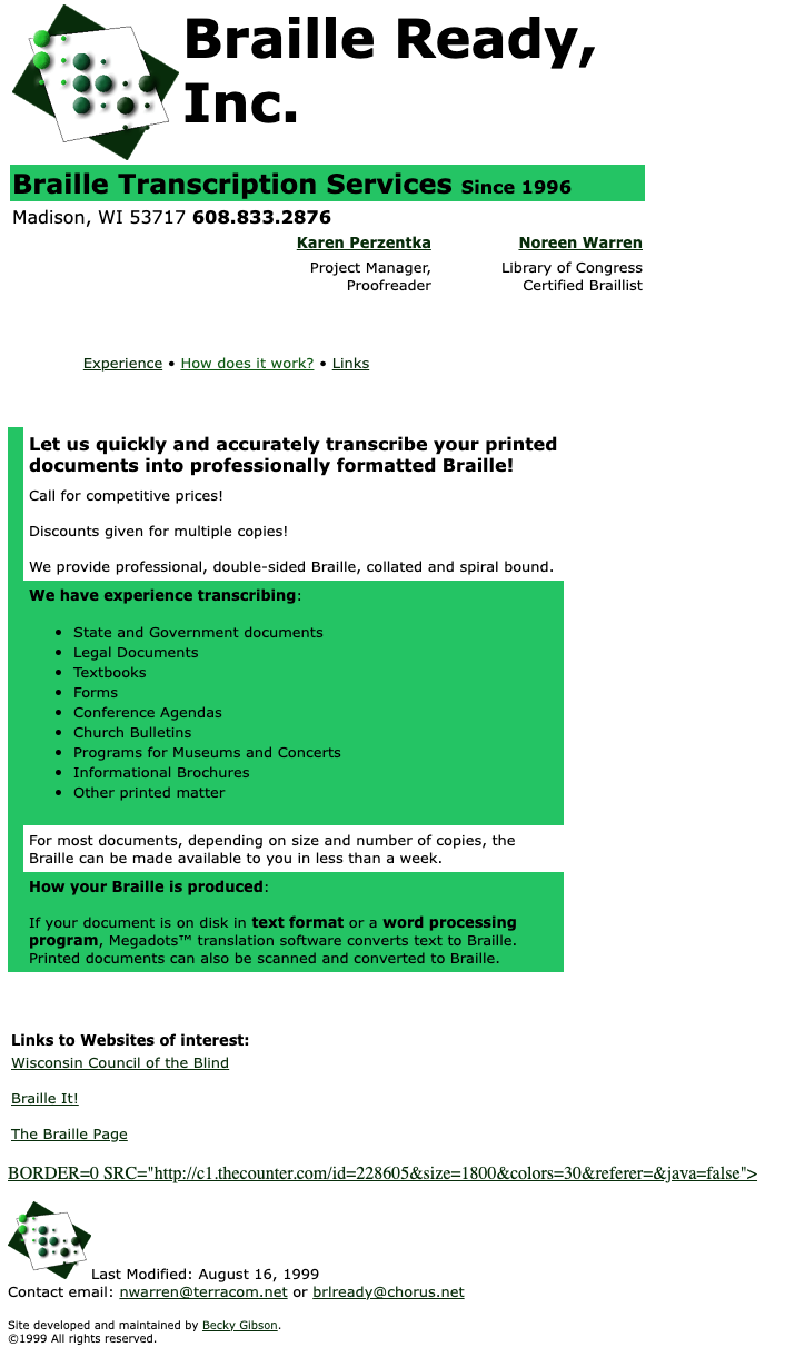 Screenshot of the Braille Ready, Inc. website, 1999.