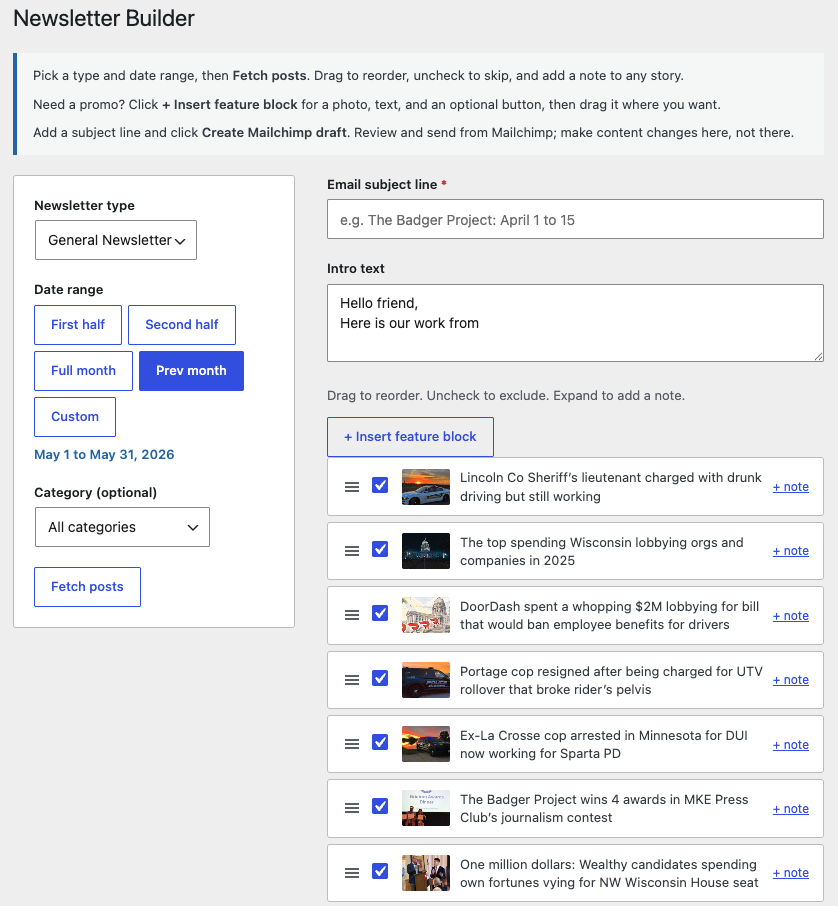 The Newsletter Builder admin screen: settings on the left, the post checklist on the right.