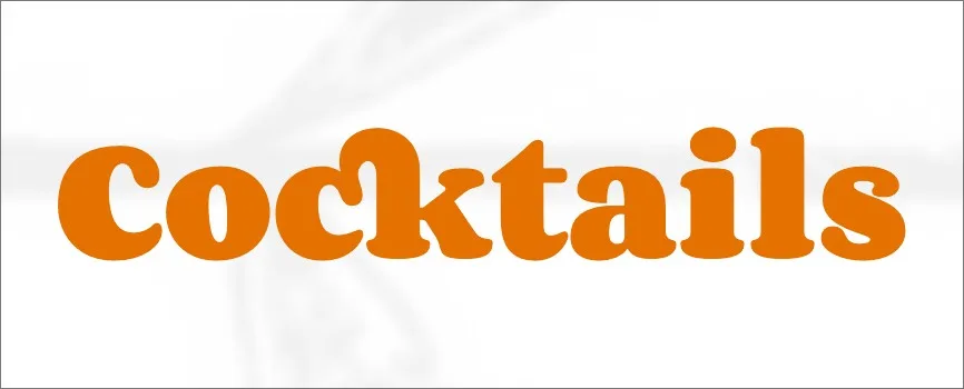 The heading "Cocktails" in bright orange, set over a faint near-white line illustration.