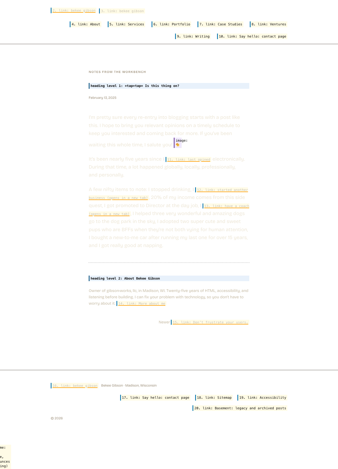 The same page with its layout preserved but its content replaced by what a screen reader announces. Hatched areas carry no information for a screen reader user.