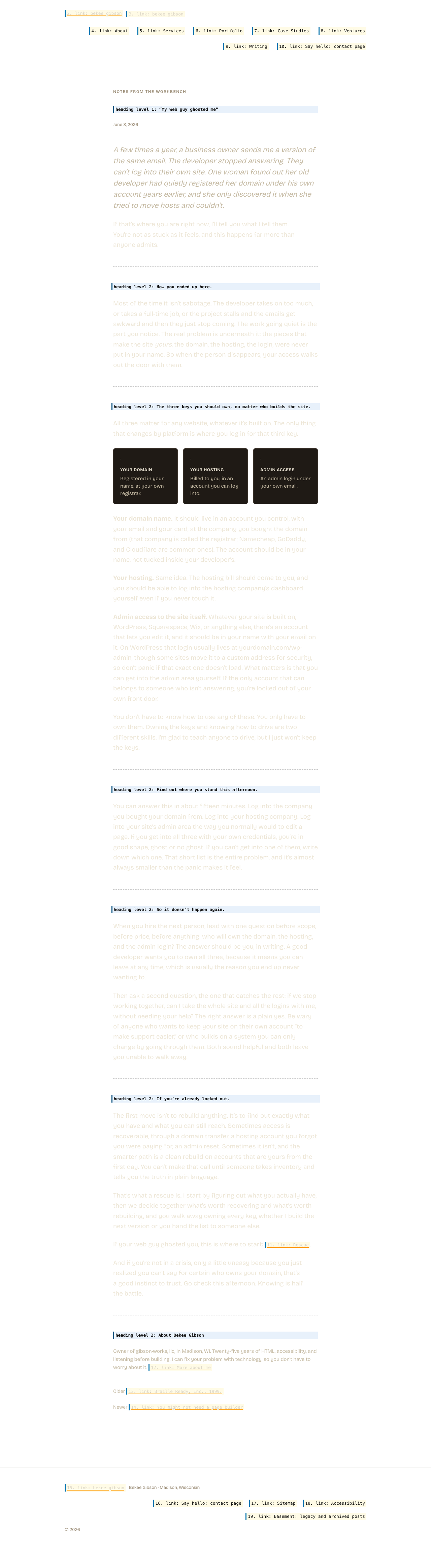The same page with its layout preserved but its content replaced by what a screen reader announces. Hatched areas carry no information for a screen reader user.