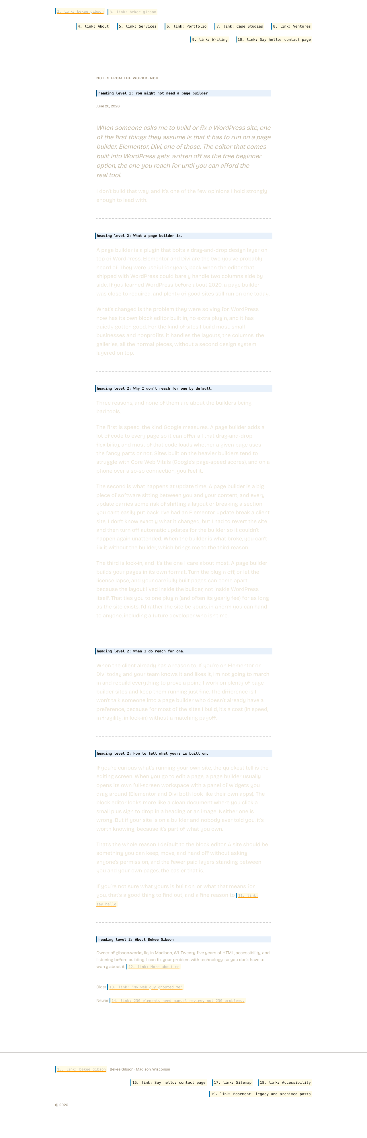 The same page with its layout preserved but its content replaced by what a screen reader announces. Hatched areas carry no information for a screen reader user.
