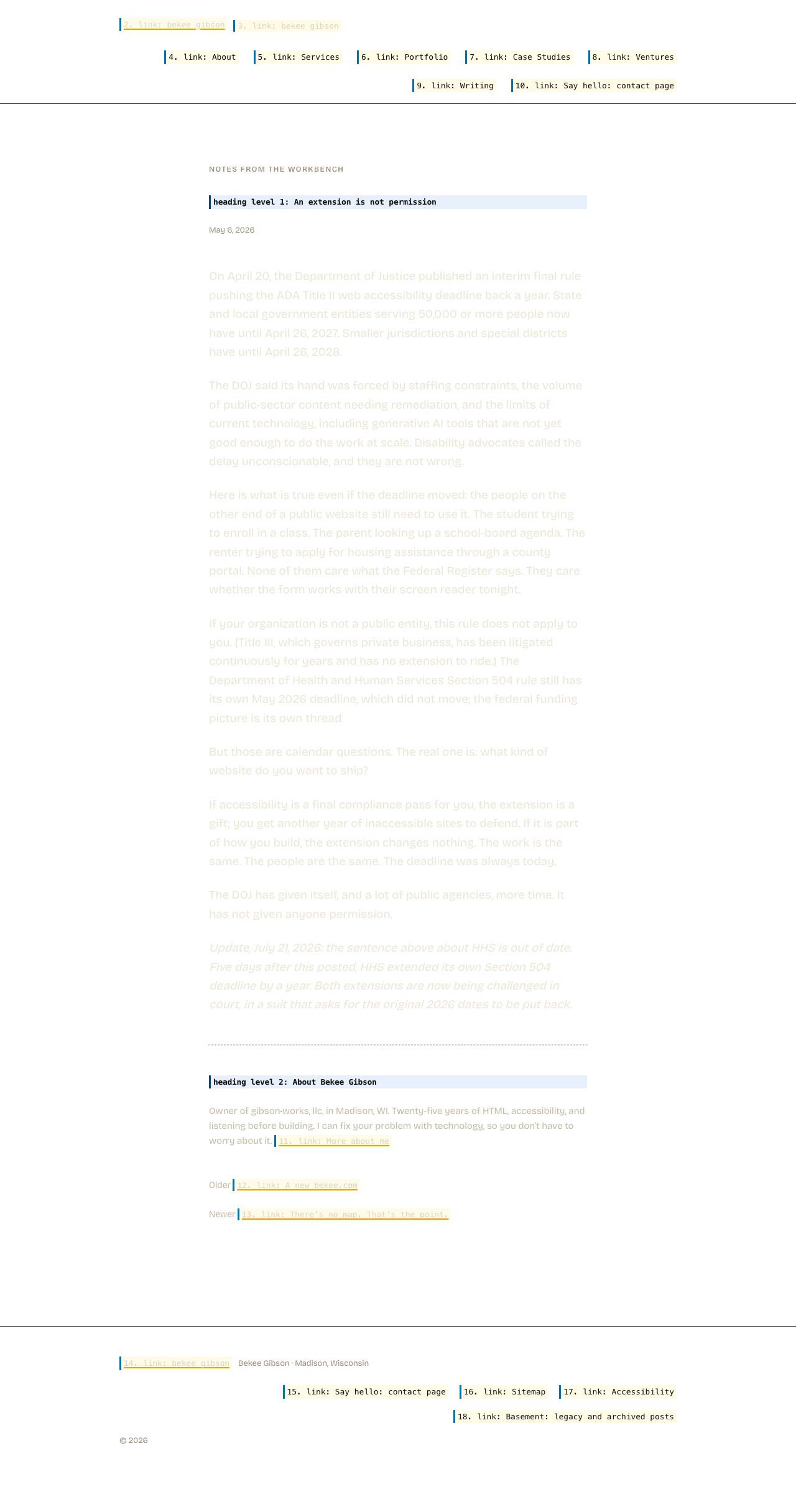 The same page with its layout preserved but its content replaced by what a screen reader announces. Hatched areas carry no information for a screen reader user.
