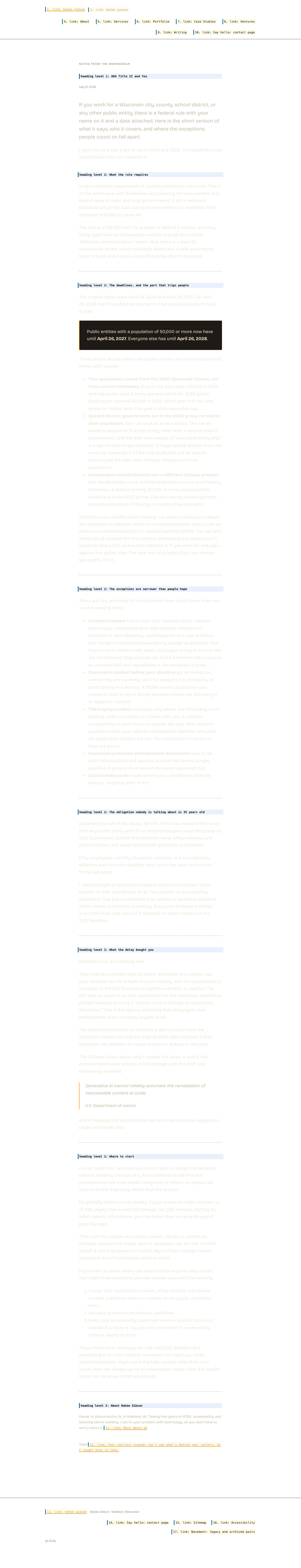 The same page with its layout preserved but its content replaced by what a screen reader announces. Hatched areas carry no information for a screen reader user.