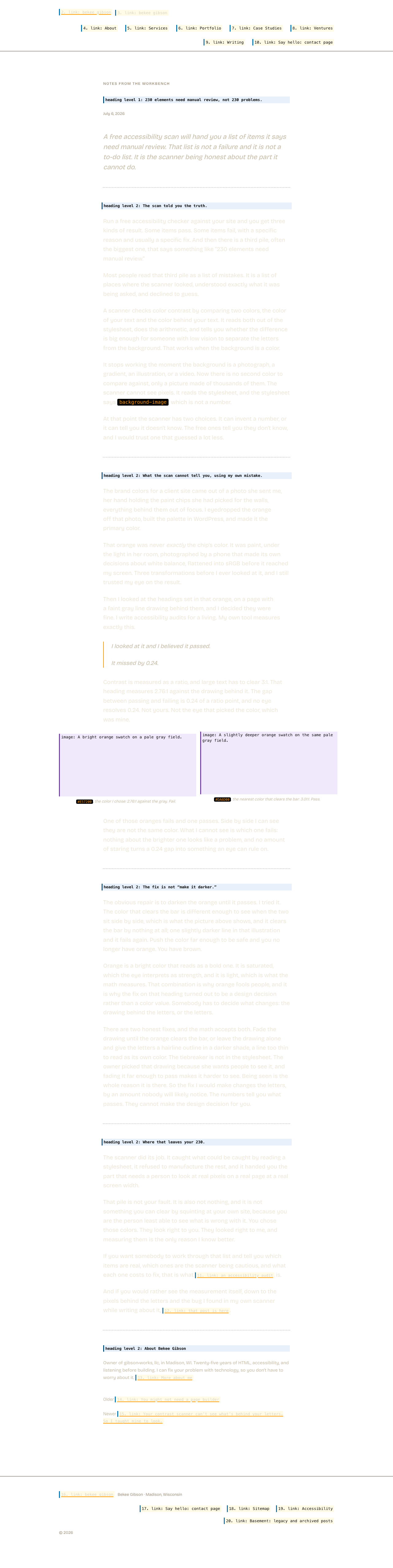The same page with its layout preserved but its content replaced by what a screen reader announces. Hatched areas carry no information for a screen reader user.
