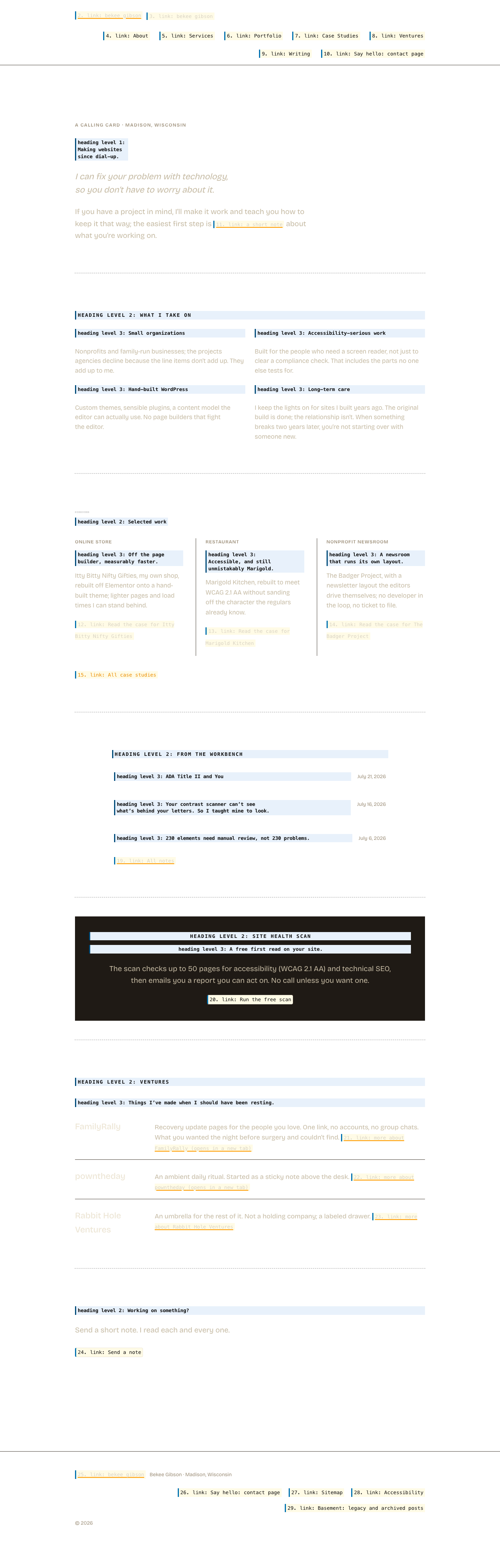 The same page with its layout preserved but its content replaced by what a screen reader announces. Hatched areas carry no information for a screen reader user.