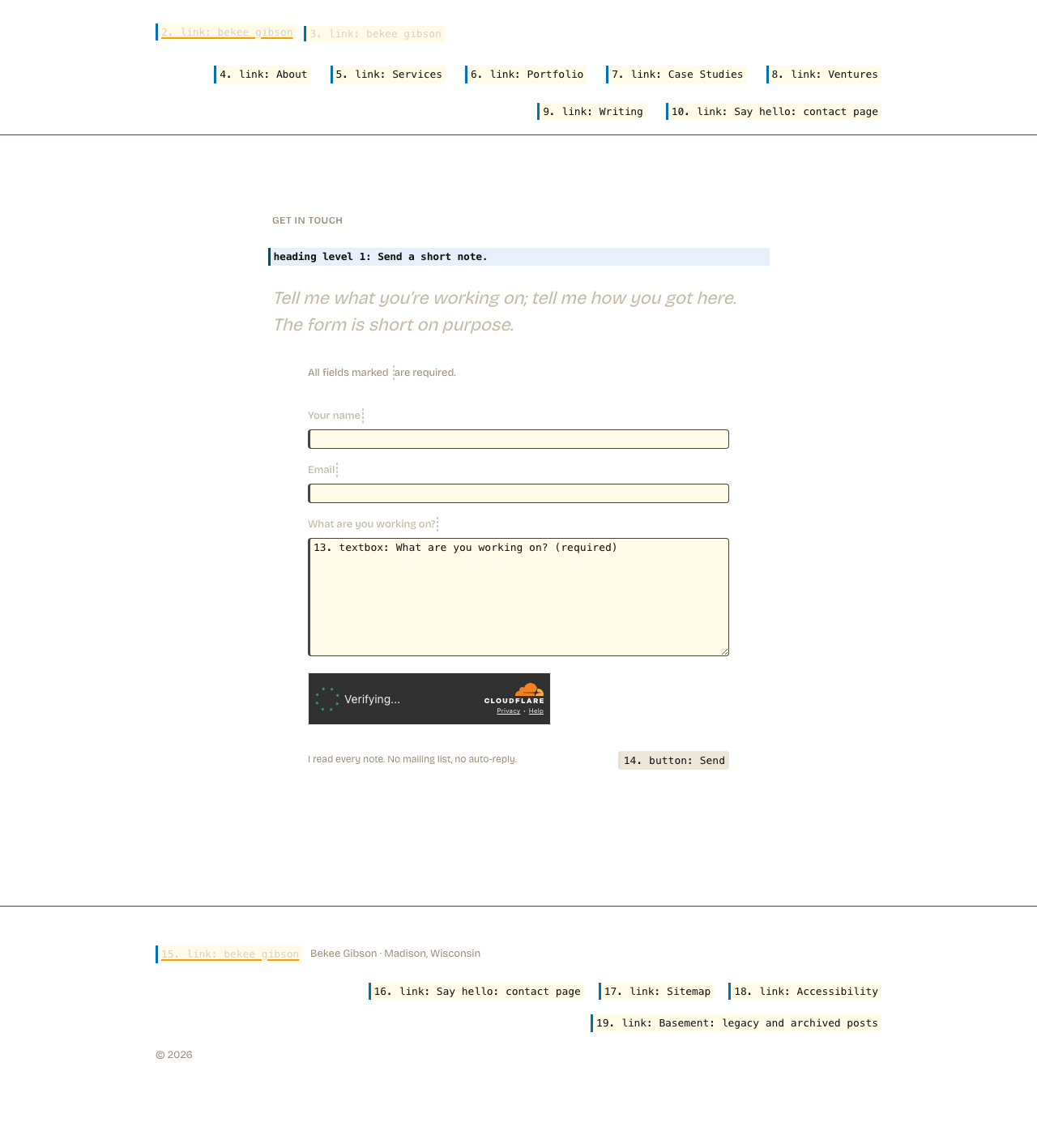 The same page with its layout preserved but its content replaced by what a screen reader announces. Hatched areas carry no information for a screen reader user.
