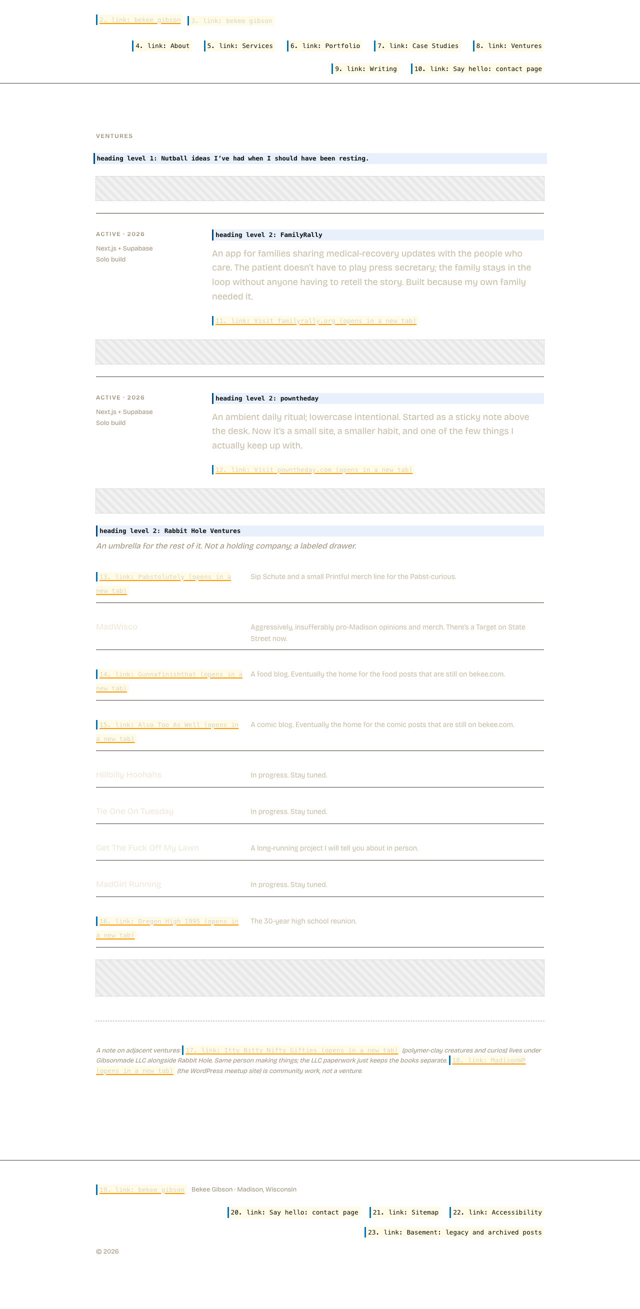 The same page with its layout preserved but its content replaced by what a screen reader announces. Hatched areas carry no information for a screen reader user.
