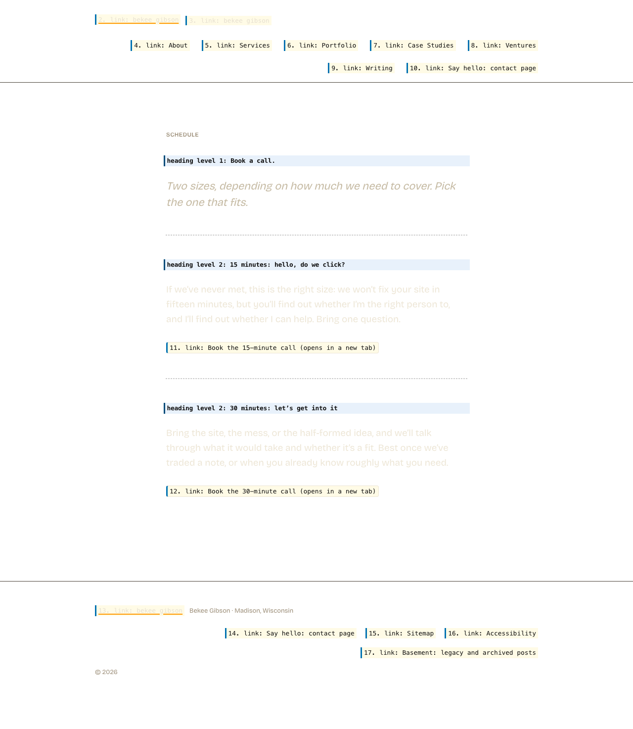 The same page with its layout preserved but its content replaced by what a screen reader announces. Hatched areas carry no information for a screen reader user.