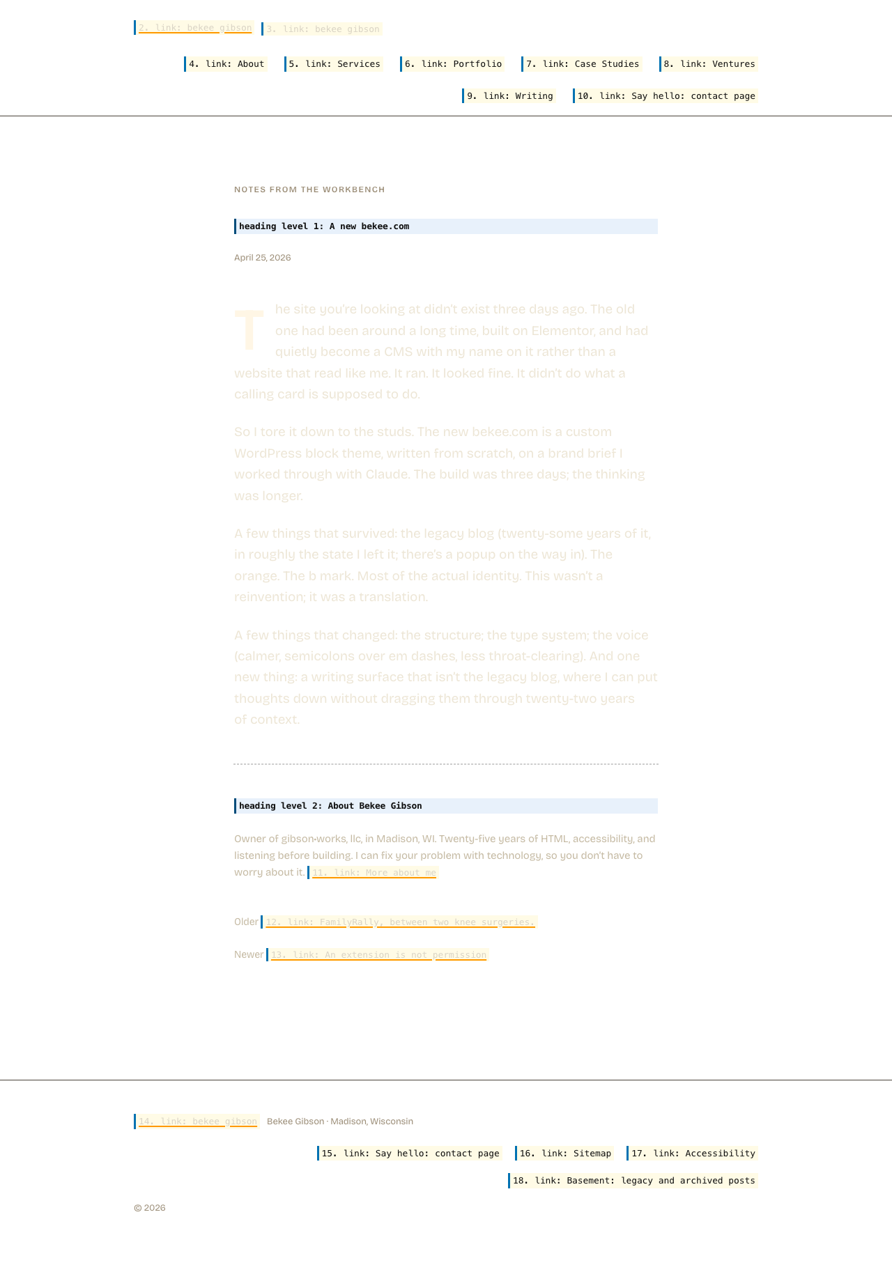 The same page with its layout preserved but its content replaced by what a screen reader announces. Hatched areas carry no information for a screen reader user.