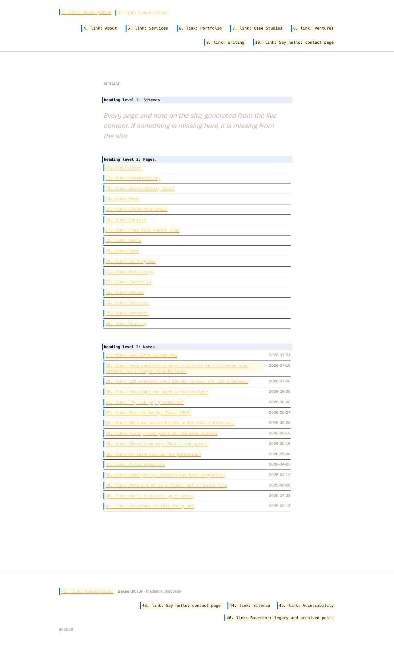 The same page with its layout preserved but its content replaced by what a screen reader announces. Hatched areas carry no information for a screen reader user.