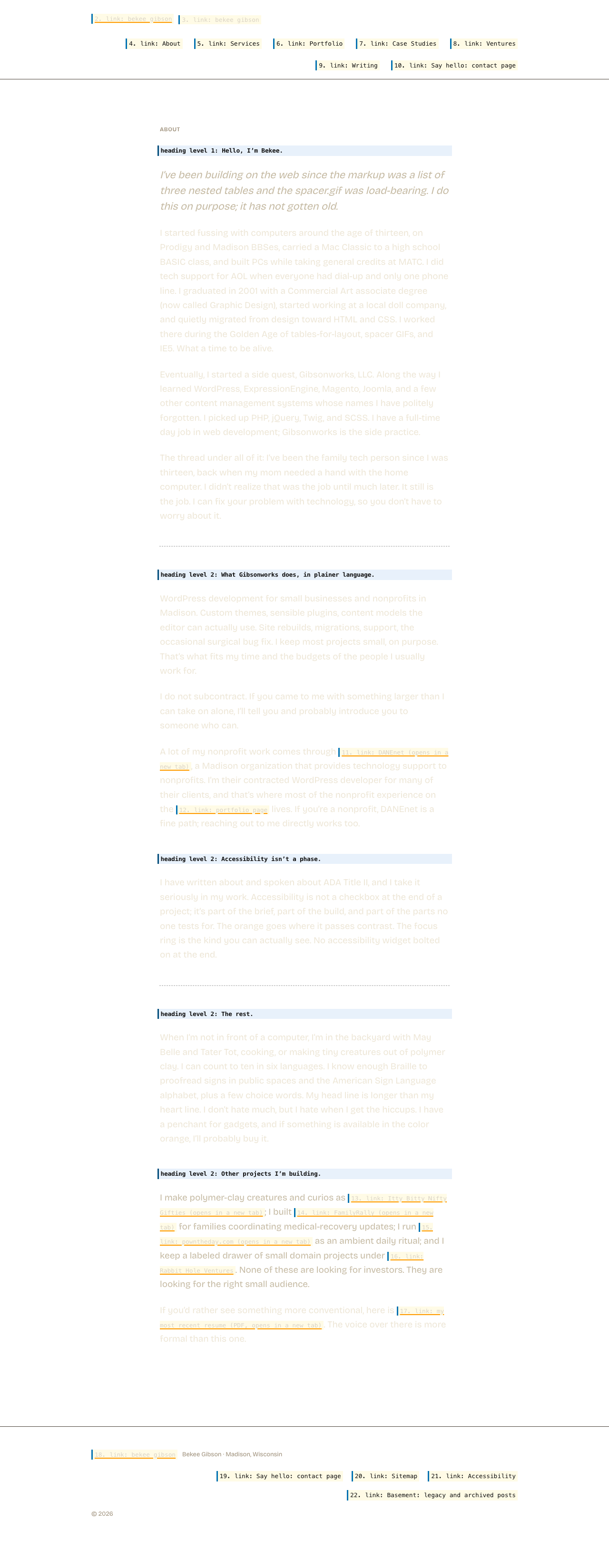 The same page with its layout preserved but its content replaced by what a screen reader announces. Hatched areas carry no information for a screen reader user.