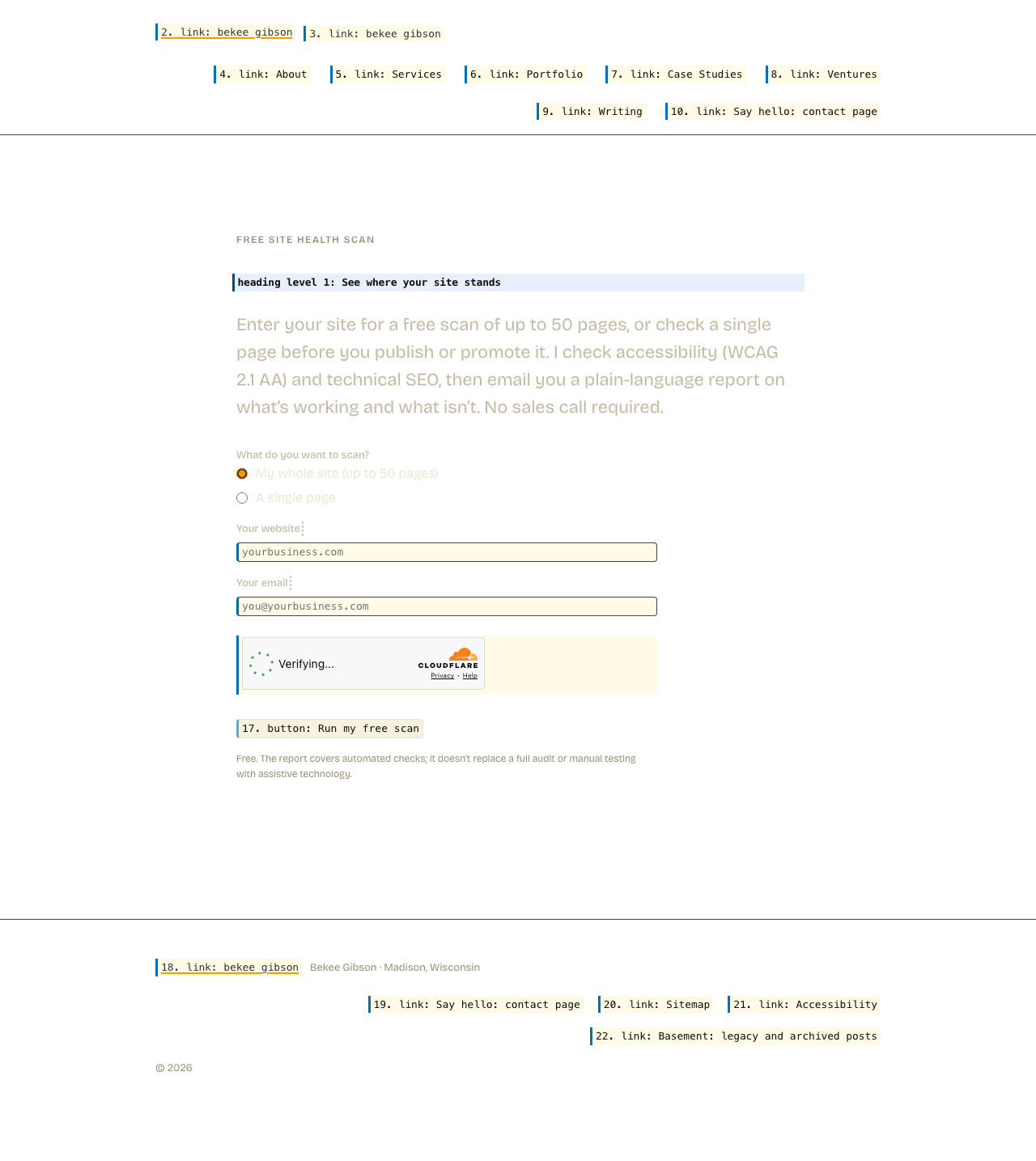 The same page with its layout preserved but its content replaced by what a screen reader announces. Hatched areas carry no information for a screen reader user.