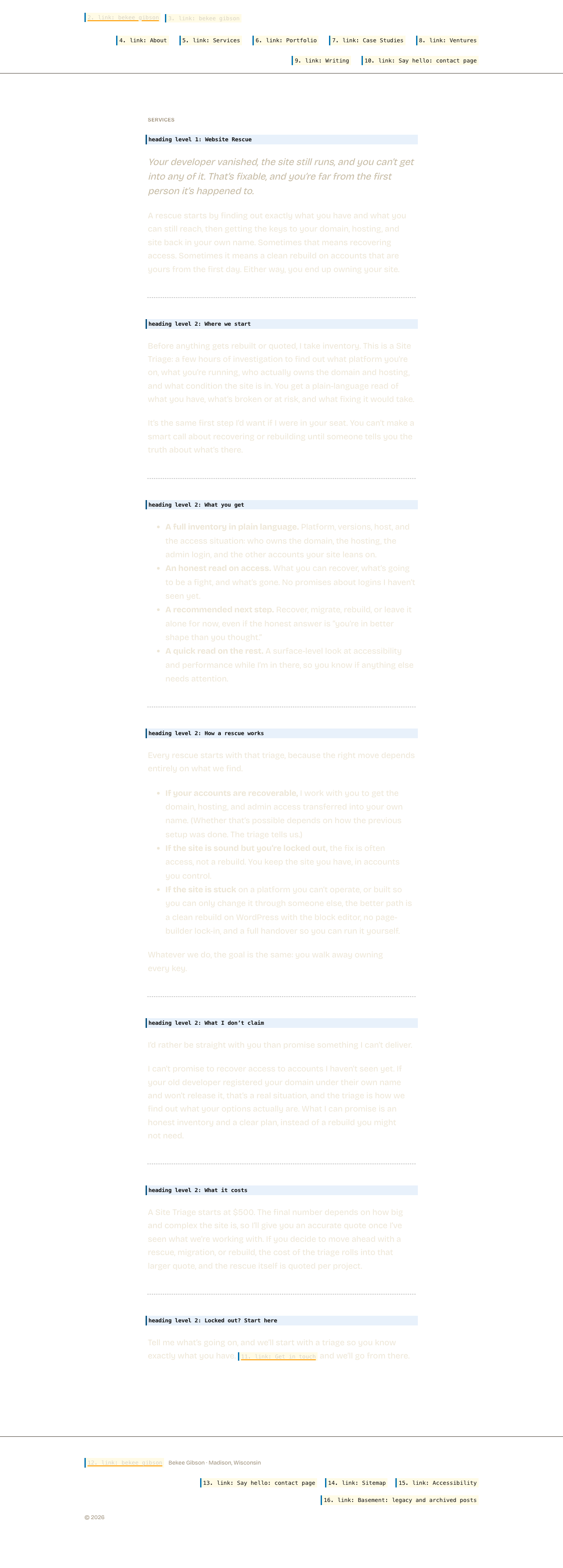 The same page with its layout preserved but its content replaced by what a screen reader announces. Hatched areas carry no information for a screen reader user.