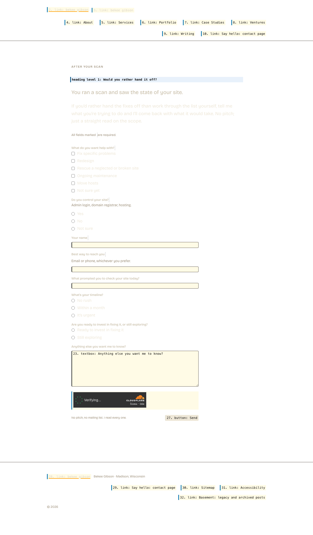 The same page with its layout preserved but its content replaced by what a screen reader announces. Hatched areas carry no information for a screen reader user.