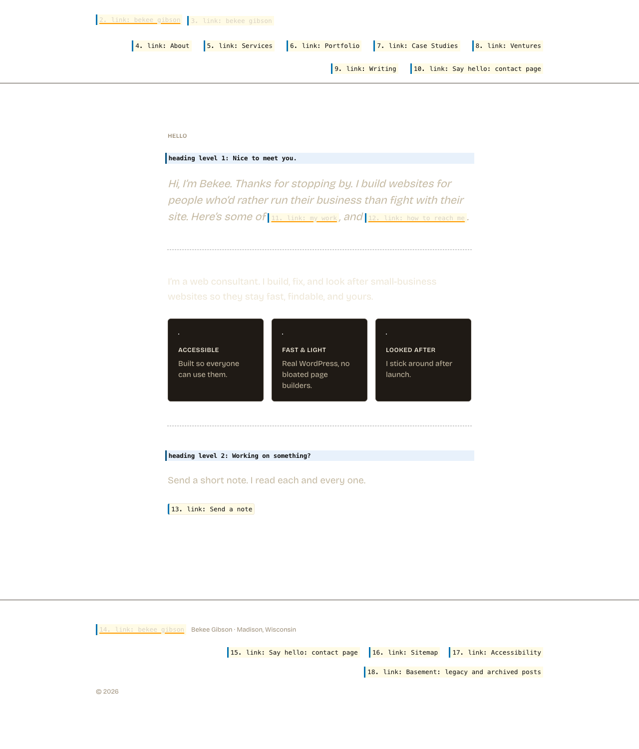 The same page with its layout preserved but its content replaced by what a screen reader announces. Hatched areas carry no information for a screen reader user.