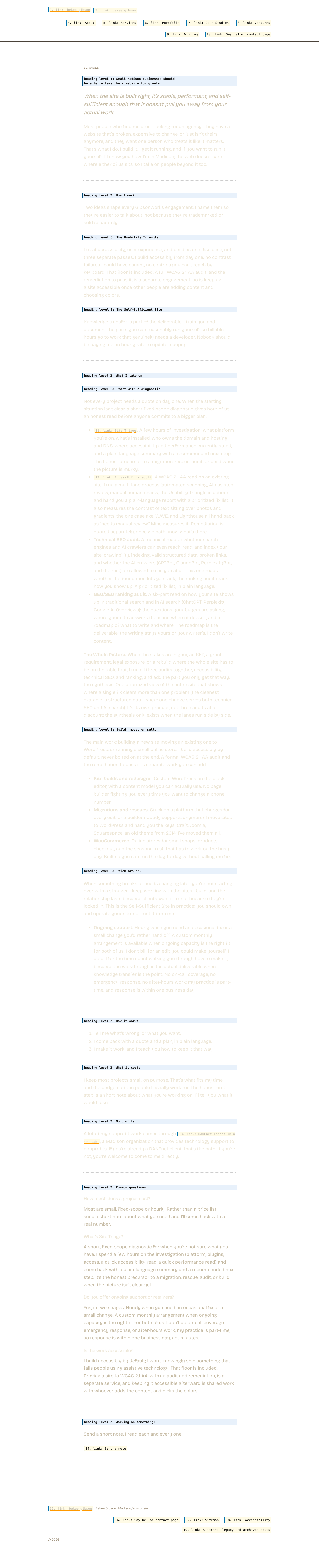 The same page with its layout preserved but its content replaced by what a screen reader announces. Hatched areas carry no information for a screen reader user.