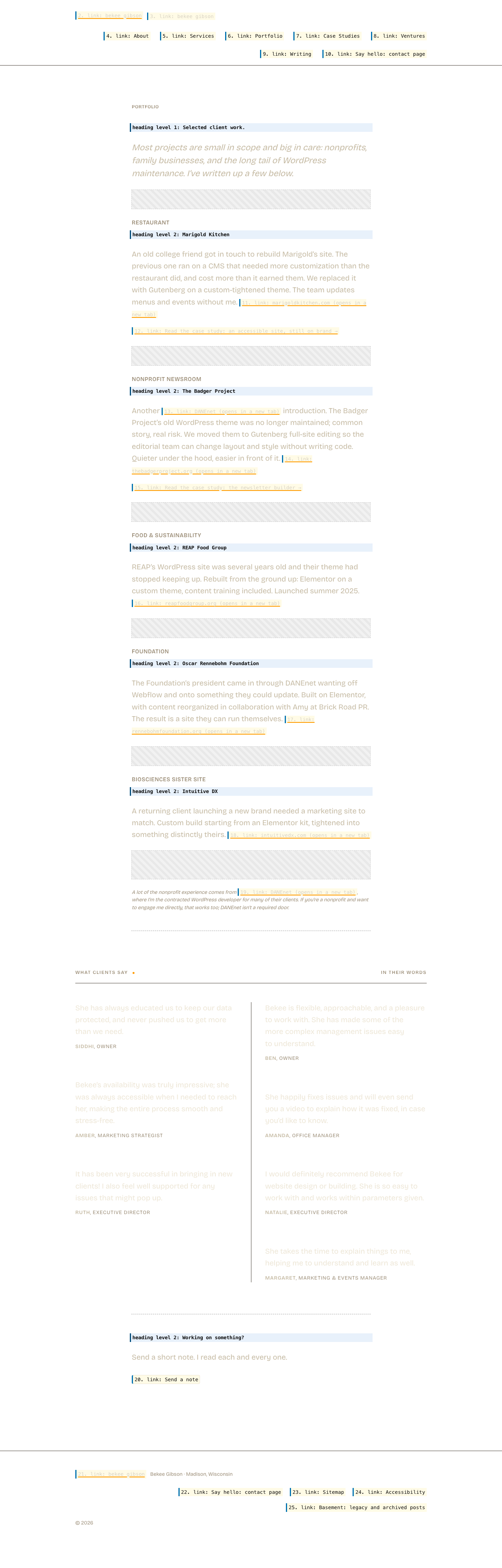 The same page with its layout preserved but its content replaced by what a screen reader announces. Hatched areas carry no information for a screen reader user.