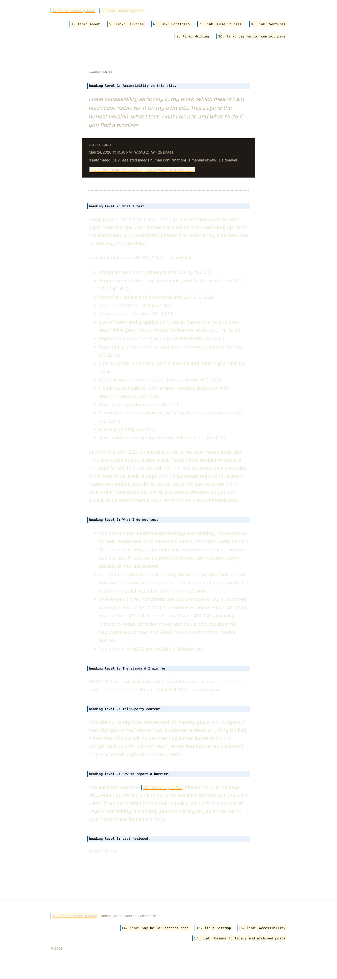 The same page with its layout preserved but its content replaced by what a screen reader announces. Hatched areas carry no information for a screen reader user.