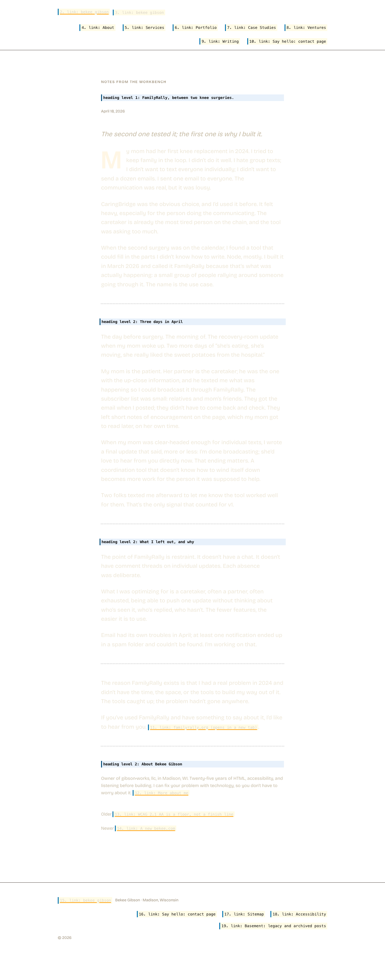 The same page with its layout preserved but its content replaced by what a screen reader announces. Hatched areas carry no information for a screen reader user.
