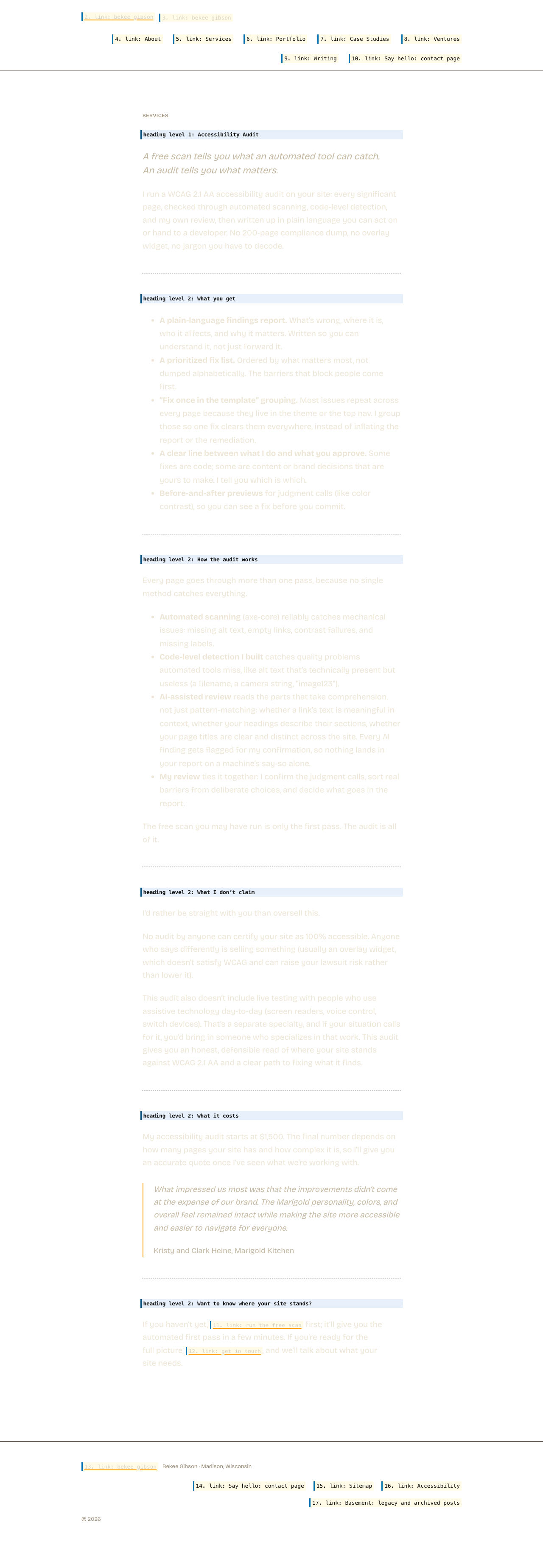 The same page with its layout preserved but its content replaced by what a screen reader announces. Hatched areas carry no information for a screen reader user.