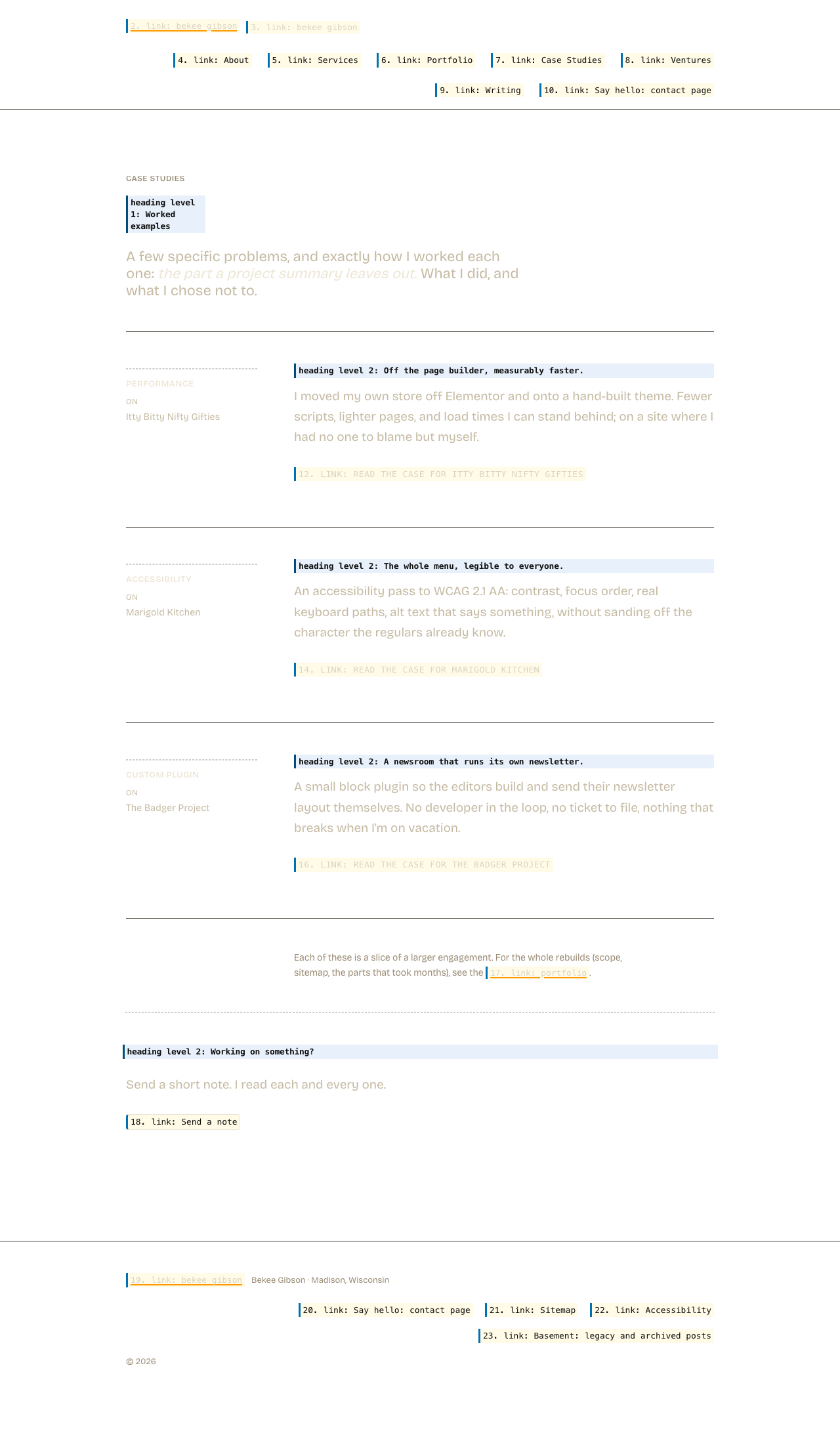 The same page with its layout preserved but its content replaced by what a screen reader announces. Hatched areas carry no information for a screen reader user.
