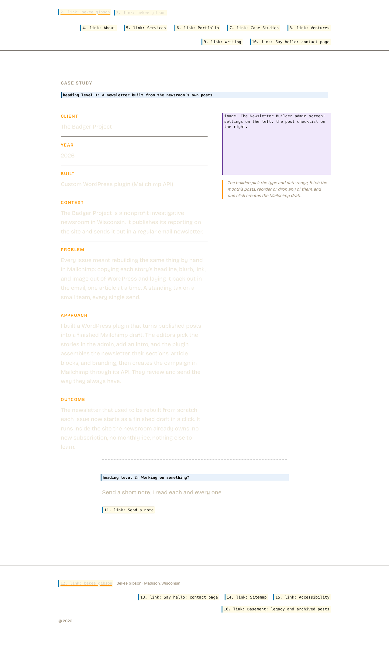 The same page with its layout preserved but its content replaced by what a screen reader announces. Hatched areas carry no information for a screen reader user.