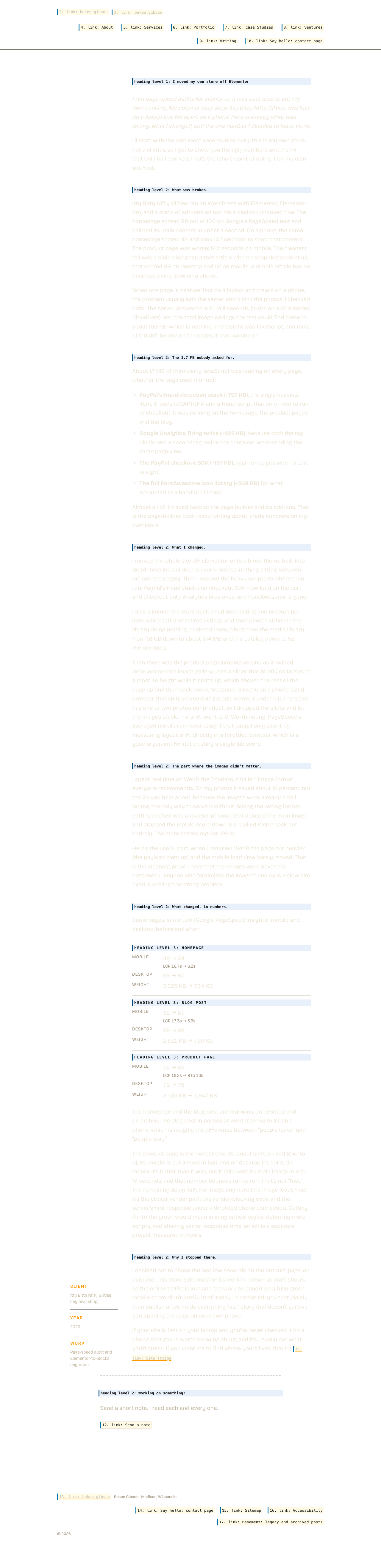 The same page with its layout preserved but its content replaced by what a screen reader announces. Hatched areas carry no information for a screen reader user.