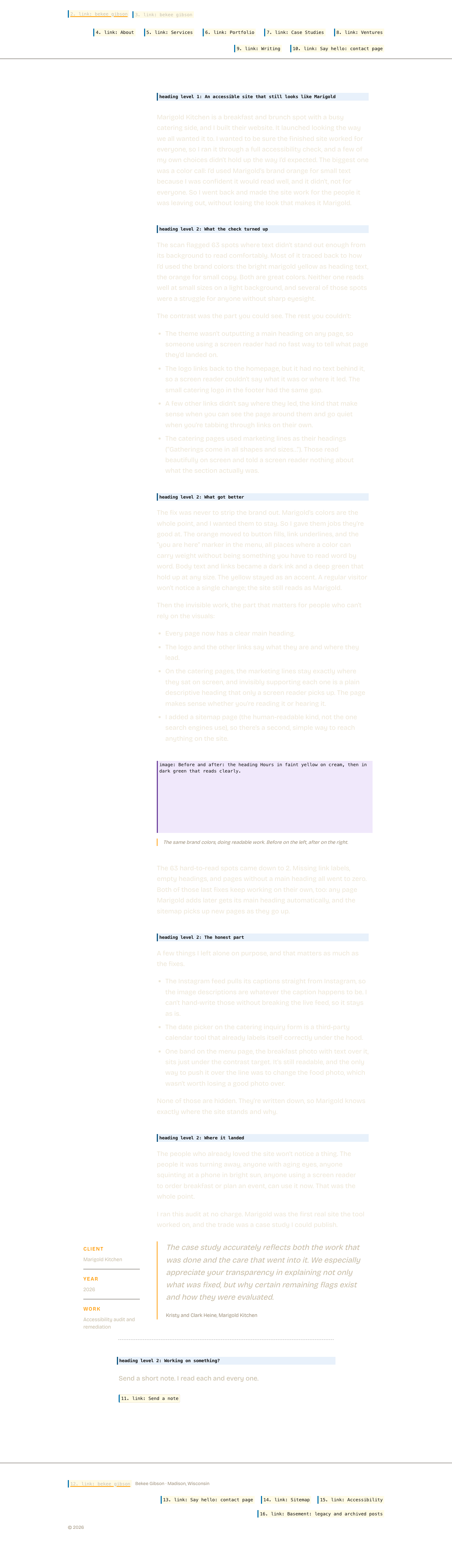 The same page with its layout preserved but its content replaced by what a screen reader announces. Hatched areas carry no information for a screen reader user.
