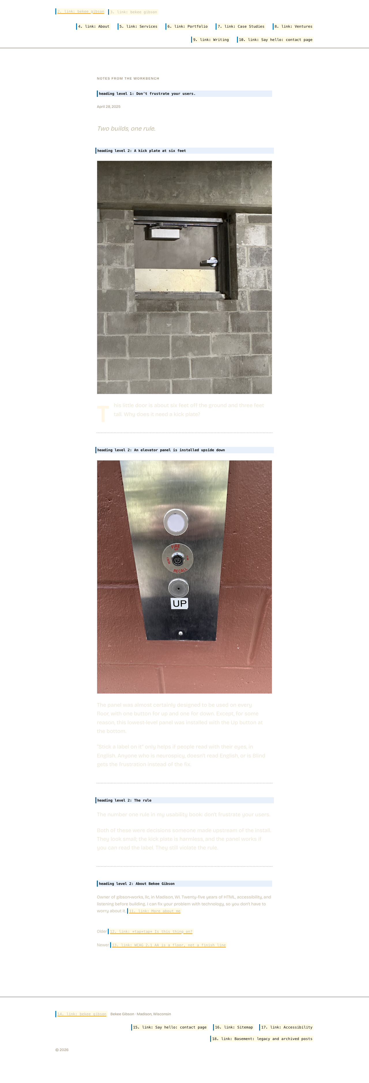 The same page with its layout preserved but its content replaced by what a screen reader announces. Hatched areas carry no information for a screen reader user.