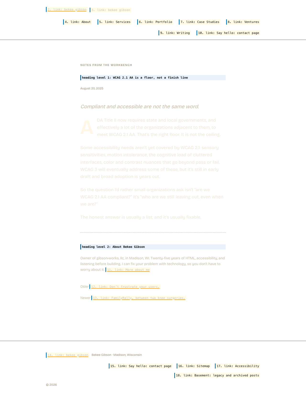 The same page with its layout preserved but its content replaced by what a screen reader announces. Hatched areas carry no information for a screen reader user.