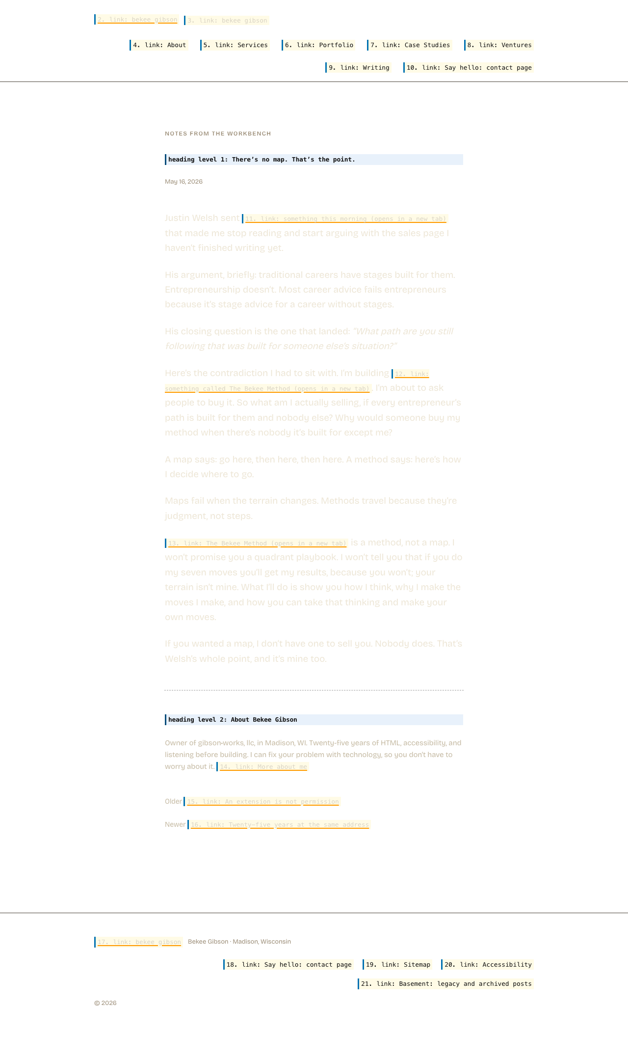 The same page with its layout preserved but its content replaced by what a screen reader announces. Hatched areas carry no information for a screen reader user.