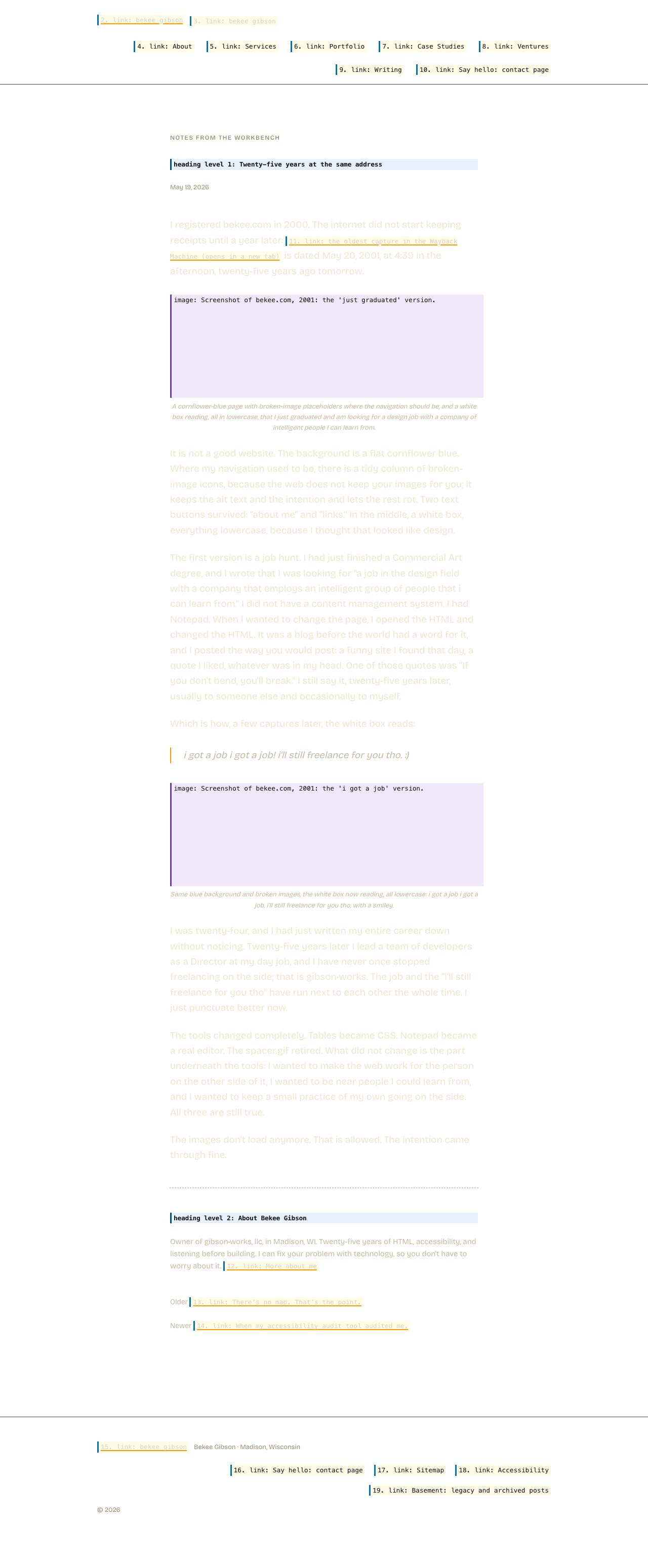 The same page with its layout preserved but its content replaced by what a screen reader announces. Hatched areas carry no information for a screen reader user.