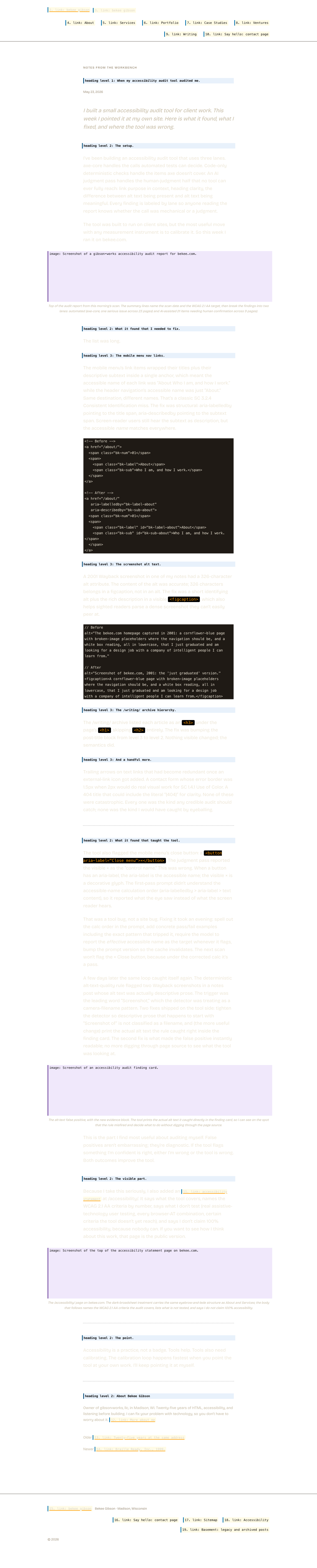 The same page with its layout preserved but its content replaced by what a screen reader announces. Hatched areas carry no information for a screen reader user.