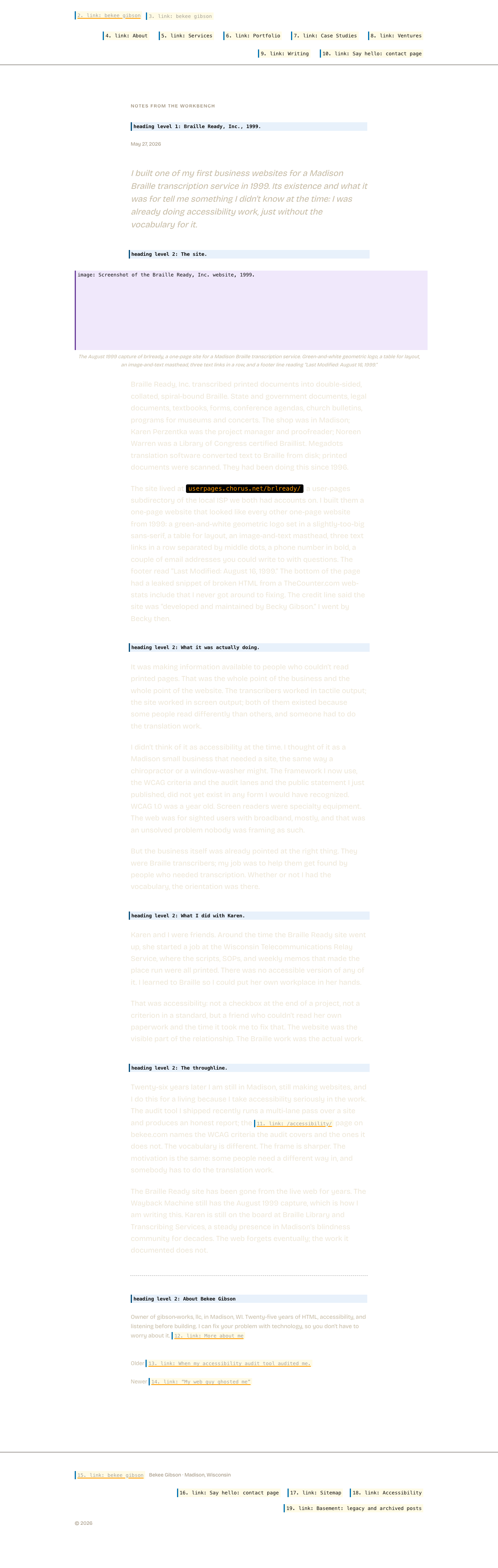 The same page with its layout preserved but its content replaced by what a screen reader announces. Hatched areas carry no information for a screen reader user.