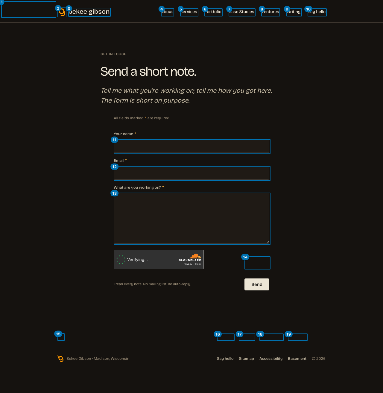 The page with every keyboard stop numbered in the order focus visits it. Red badges mark stops that are invisible when focused, have no accessible name, or show no focus indicator.