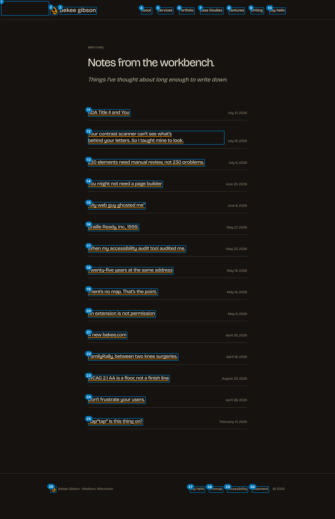 The page with every keyboard stop numbered in the order focus visits it. Red badges mark stops that are invisible when focused, have no accessible name, or show no focus indicator.