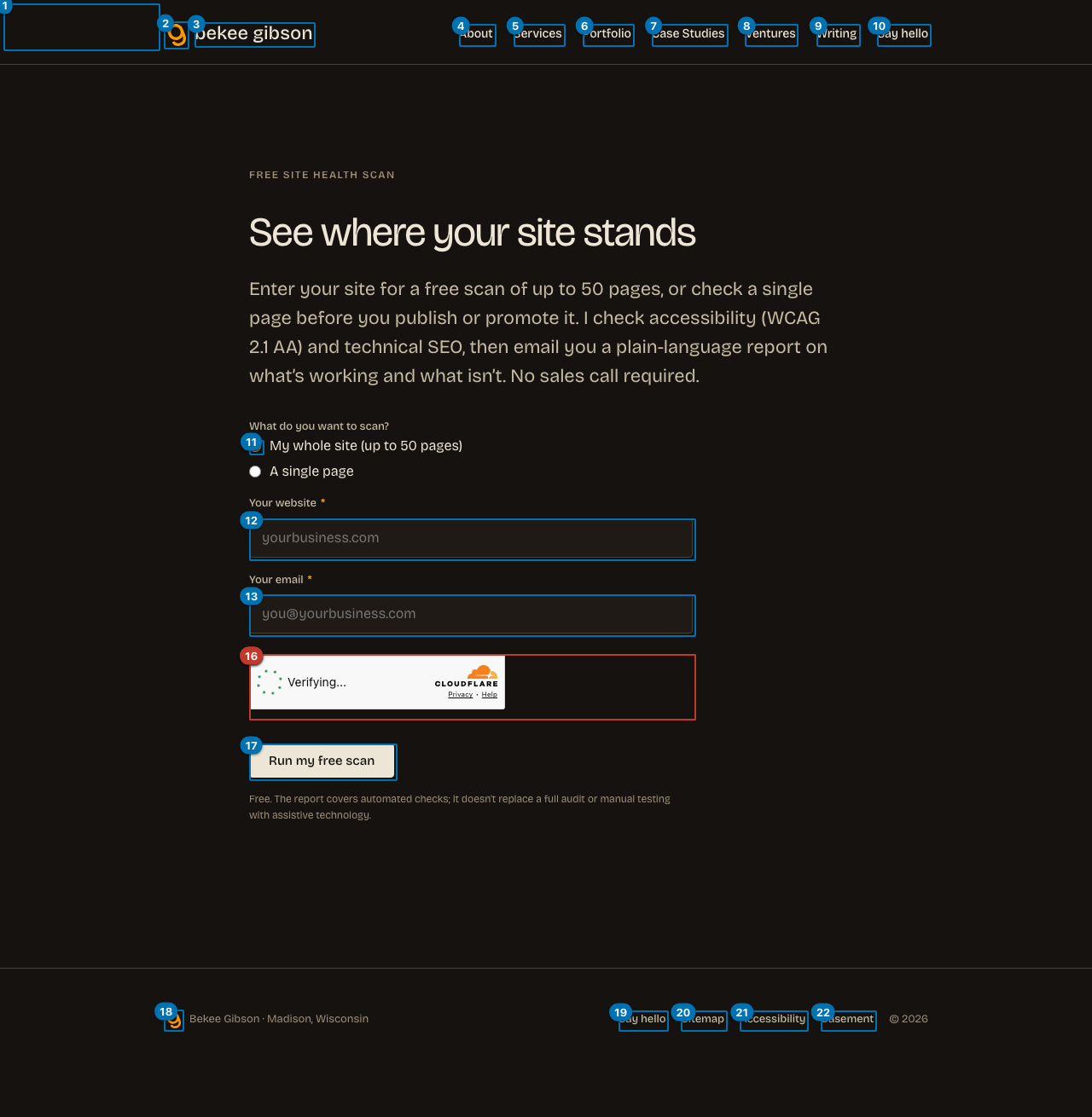 The page with every keyboard stop numbered in the order focus visits it. Red badges mark stops that are invisible when focused, have no accessible name, or show no focus indicator.