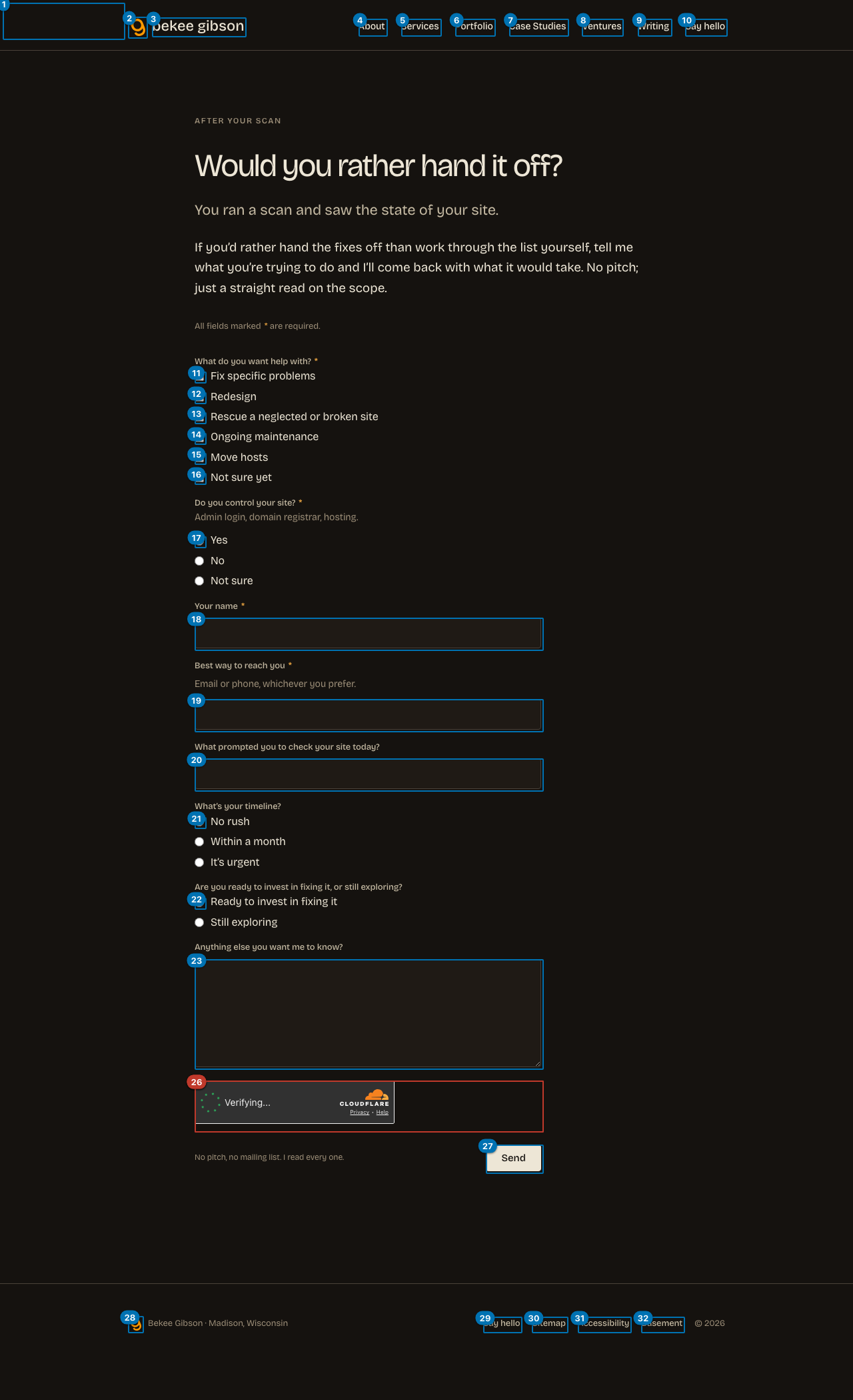 The page with every keyboard stop numbered in the order focus visits it. Red badges mark stops that are invisible when focused, have no accessible name, or show no focus indicator.